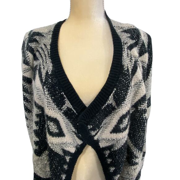 Lucky Brand Long Cardigan Sweater Black Gray Geometric Tribal Aztec Overcoat XL - Picture 2 of 12